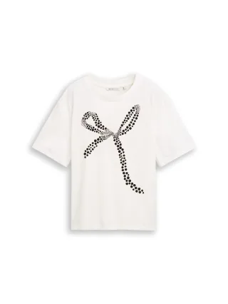 Denim Tom Tailor - Boxy Fit T-Shirt mit Schleifen-Print off white - Gr. - M