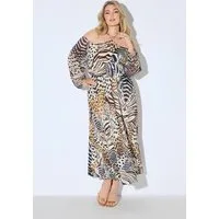 Ulla Popken Maxikleid Offshoulder-Maxikleid Chiffon Animal-Patchprint