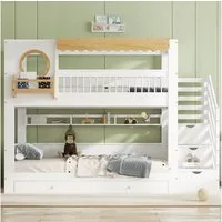 Flieks Etagenbett, Massivholz Kinderbett 90x200cm mit 2 Schubladen, Stauraumtreppe, Regal