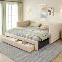 Merax Daybett (Jugendbett Kinderbett aus Baumwoll-Leinenstoff, 1 tlg), Tagesbett Polsterbett Schlafsofa 90x190cm mit Ausziehbett & Schubladen