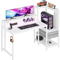HOMALL Gamingtisch Schreibtisch mit LED-Beleuchtung und Tischplatte aus Karbonfaser (Gaming Schreibtisch 120/140 cm L-Form mit LED-Beleuchtung, Steckdose & USB, Monitorständer, PC-Tower-Halter, 2 Schubladen, Lochplatte, Kopfhörerhalter, Gaming Tisch 