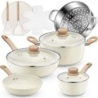FOHERE Pfannen-Set 15-teiliges antihaftbeschichtetes Keramik-Topf- und Pfannenset, Aluminium (15-tlg), mit stapelbarem Aufbewahrungsdesign, 4 Pfannenschutze
