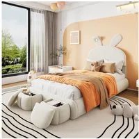 Flieks Polsterbett, LED Einzelbett 90x200cm mit Hasenohren Kopfteil und 2 Stauraumhockern