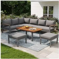Merax Gartenlounge-Set für 7-8 Personen, (für Garten, Balkon, Terrasse, 6-tlg., Gartengarnitur wetterfest Sitzgruppe Essgruppe), Gartenmöbelset mit 3 2-Sitzer Sofa, 2 Hocker & 1 Tisch