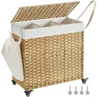 SONGMICS Wäschekorb mit Deckel, Wäschesammler 3 Fächer, Wäschesortierer mit Rollen, 140 L, Wäschesack herausnehmbar, für Waschküche, 66 x 33 x 66 cm
