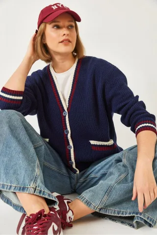 Gemusterter V-Ausschnitt Rippenstrick-Cardigan mit Taschen
