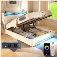 oyajia Polsterbett Doppelbett mit LED Licht 140x200cm,Hydraulisch anhebbarer Stauraumbett (Mit Lattenrost und Ladefunktion, Leinenmaterial Polsterbettt), Modernes Jugendbett, Leises Design Bett, Max. Belastbarkeit 350 kg