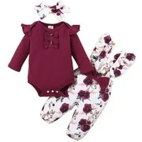 Gluckids Strampler Baby Mädchen Kleidung Set Blumen Langarm Pullover Babykleidung Anzug (3-tlg) Rüschen Langarm Strampler Latzhose Stirnband Sets für täglich Freizeit