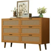 Merax Kommode mit 6 Schubladen, Schubkastenkommode,Sideboard Rattan geflecht,Massivholzbeine,B:120cm