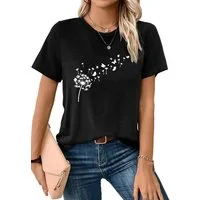 PYLIKE Rundhalsshirt Damen bequemes Frühling Kurzarmbluse Löwenzahn Print-Shirt Bequem für Freizeit und Büro,Strandurlaub