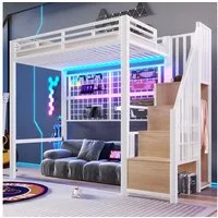 Flieks Hochbett Metallbett Einzelbett 90x200cm mit Led, Kleiderstange, Stauraumfächer