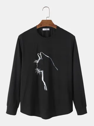 ChArmkpR Mens Cat Graphic Crew Neck Curved Hem Long Sleeve T-Shirts