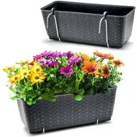 BigDean Blumenkasten 2x Bewässerungssystem + Halterung Rattan-Optik Anthrazit 39x15,5x14cm (Set, 2 St., Balkonkästen), Bruchfest, Bewässerungssystem, Wasserspeicher, Halterung