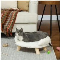 PawHut Tierbett Haustiersofa mit Erhöhtem Design Katzensofa mit Holzbeine, Plüsch, Creme, 47 x 40 x 20 cm