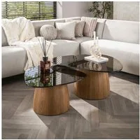 LEVEN Lifestyle Couchtisch 2 tlg. Wohnzimmertisch KANSO abgerundete Dreiecksform mit Glasplatte (2´er Set), Tischplatten aus gehärtetem, braunem Rauchglas