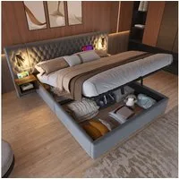 Flieks Polsterbett, Hydraulisches Doppelbett 160×200cm 2 Nachttische Leselicht USB-Laden