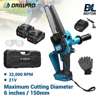 Drillpro Electric Chainsaw 6 Inch Cordless Brushless 21V 3.0Ah Battery Powered Chainsaw LED Light Automatic Chain Adjust