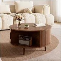 BlingBin Couchtisch Rund 80 x 80 cm, höhenverstellbarer Wohnzimmertisch mit Stauraum (Beistelltisch Wohnzimmer, 1-St., 80 x 80 x 59 cm), Sofatisch mit Stauraum,Lift-Top Tischplatte,Schiebetür & Lamellenoptik