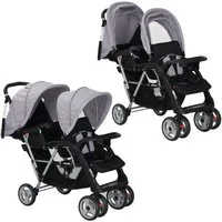 vidaXL Kombi-Kinderwagen Zwillingswagen Karre Kinderwagen Buggy Stahl Grau und Schwarz