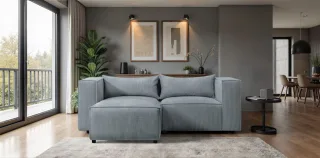 Ecksofa Designersofa NEVIO XS in Stoff Lincoln Graublau Ottomane Links