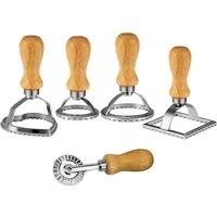 FOUORTUNATE-BEE Ravioliform Teigschneider & Ravioli Former Set 5-teilig mit Holzgriff, Dumpling Cutter Set mit Teigrad für Küche & Backen