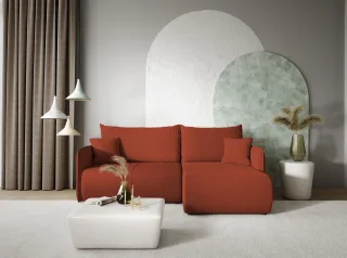 Ecksofa Sofa mit Schlaffunktion CALGARY Stoff Curio Ziegelrot Ottomane Rechts