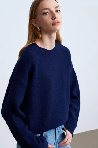 Damen Unifarbener Rundhals-Rippstrickpullover