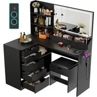Furnicopia Schminktisch LED-Schminktisch mit großer Ablagefläche und Hocker (Maße: 120 x 80 x 136 cm Ausstattung: 5 Schranktüren, 8 Staufächer Ausstattung: 2 Steckdosen + 1 USB-Anschluss + 1 Typ-C-Anschluss Inklusive Föhnhalterung-ostern geschenke)