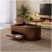 KLAM HOME Couchtisch Anhebbarer Couchtisch Nussbaum mit gebogenen Holzseiten (Multifunktionaler Wohnzimmertisch mit ausziehbarem Regal), Höhenverstellbarer Couchtisch aus MDF mit Stauraum