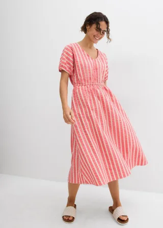 bonprix Seersucker-Midikleid aus reiner Baumwolle, pink, Gr.38, Weit geschnittenes Kleid aus reiner Baumwolle mit Fledermausärmeln und V-Ausschnitt, aus 100% Baumwolle