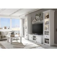 Home affaire Wohnwand California, Anbauwand im Landhausstil, Komplettset mit Metallgriffen, (4-St., Besteht aus 1 Standregal, 1 Vitrine, 1 Lowboard, 1 Wandregal), enthält Standregal, Vitrine, Lowboard und Wandregal, 293 cm breit