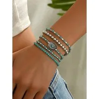 The Beauty House Armband Set Boho Armband Set, türkis & silber, Perlenarmbänder mit Sonnenanhänger (5-teilig)
