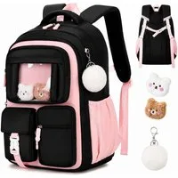 MOPUEA Schulrucksack Atmungsaktiv Schulrucksack Rucksack Schultasche Kawaii Büchertasche (Mit 3 süßen Anhängern), Turnbeutel Lässiger Schulranzen Jungen Teenager Multi-Tasche Daypacks
