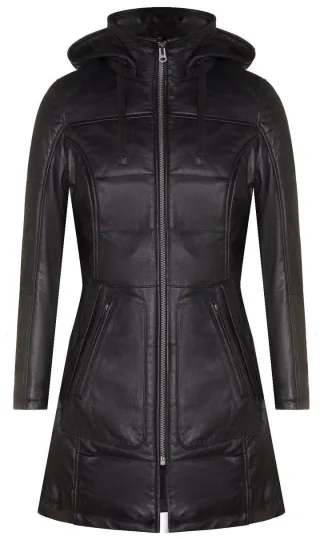 Gesteppter Parka-Mantel aus Leder mit Kapuze für Damen-Olney