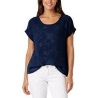 dy_mode Kurzarmbluse Kurzarm Bluse Elegantes Baumwollshirt Damen einfarbig Blusenshirt in Unifarben, Rundhalsausschnitt, mit Blumenstickerei