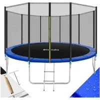 tectake Gartentrampolin Kindertrampolin mit Einstiegsleiter und Sicherheitsnetz Ø 427 cm, (Outdoortrampolin Garfunky, in schwarz/blau), GS zertifiziert, Randabdeckung, reißfestes Sprungtuch