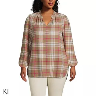 Hemdbluse aus Flanell mit Rüschenkragen für Damen in Plus-Größe, Damen, size: plus, Beige, Viskose/Baumwoll-Mischung/Viskose-Mischung, by Lands' End