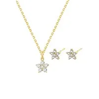 Dear Me Schmuckset Damen Gold 375, Ohrringe Halskette Blume Kristalle, 9K Massivgold Ohrstecker Damen Kette, Blüte Zirkonia hängend