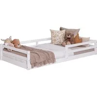 Ticaa Bettgestell, Neo Hausbett Bodenbett mit Rausfallschutz 150kg, inkl. Lattenrost & abnehmbarem Rausfallschutz, 90x200, Weiß