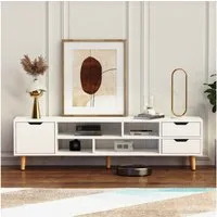 oyajia Lowboard Moderne TV Schrank mit Beinen, grifflose TV-Board Weiß Lowboard 140cm (5 offenes Regalfach, viel Stauraum), TV-Schrank mit Holzbeinen, Fernsehschrank in wohnzimmer Schlafzimmer