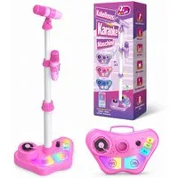 Wootoy Kinder Karaoke-Set 2 kabellosen Mikrofonen höhenverstellbarem Ständer Karaoke-Maschine (mit 5 Stimmeffekte Fußpedal LED-Lichteffekte integrierter Tragegriff)