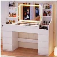 Furnicopia Schminktisch Großer Schminktisch mit LED-Beleuchtung, dimmbar, mit viel Stauraum (Maße: 135 × 40 × 137 cm, Arbeitsplatte aus gehärtetem Glas, mit 7 offenen Ablagefächern + 9 Schubladen, 2 Steckdosen + 1 USB-Anschluss + 1 Typ-C-Anschluss, H