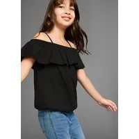 KIDSWORLD T-Shirt Volant-Shirt Kurzarm, weite Passform, Carmenausschnitt, aus Jerseystoff