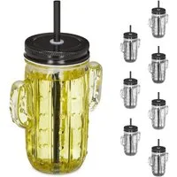 relaxdays Gläser-Set 8er Set Trinkgläser Kaktus mit Strohhalm, Glas