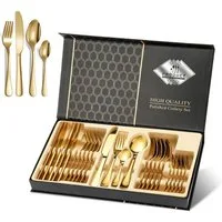 AKKEE Besteck-Set Golden Besteck 24 Stücke für 6 Personen, Besteckset mit Geschenkpaket, 6 Personen, Edelstahl, Spiegelpolierter