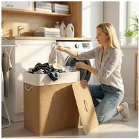 HOMCOM Wäschekorb Bambus Wäschesortierer mit Deckel und herausnehmbarem Wäschesack (Laundry Basket, 1 St., mit Deckel und waschbarem Sack), Wäschesortierer für Waschküche Schlafzimmer