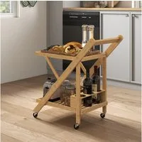 HOMCOM Servierwagen Küchenwagen mit 2 Ebenen, Rollwagen mit Weinregal, klappbar, (Rollwagen, 1 St., Küchenwagen), für Büro, Küche, Wohnzimmer, 66 x 40 x 70 cm, Bambus, Natur