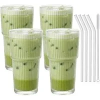 mixed24 Gläser-Set 4er Set Geriffelte Gläser 550ml inkl. Glashalm, ideal für Iced Matcha Latte, Latte Macchiato, Cocktails, Smoothies