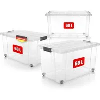 BigDean Aufbewahrungsbox 60 L mit Deckel groß – robuste Stapelbox rollbar mit Klickverschlüssen (Set, 4 St., Aufbewahrungsbox + Deckel + Rollen), Sicher Stapelbar, Platzsparend, Transparent, Rollen, Klickverschlüsse