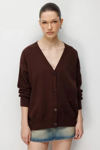 Langer Rippstrick-Cardigan mit V-Ausschnitt und Knopfverschluss